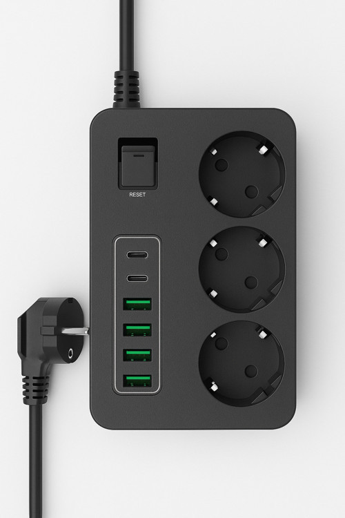 Akım Korumalı 3’lü Priz – 2×USB-C + 4×USB-A Hızlı Şarj, 2m Kablo, Çocuk Korumalı Çoklu Priz