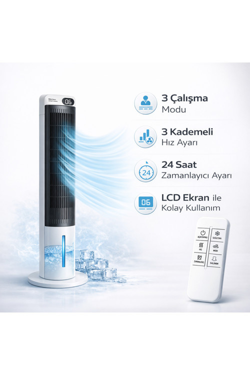 Sessiz Kule Tipi Hava Soğutucu 70 WATT Vantilatör 3L Su Tanklı Zamanlayıcılı Uzaktan Kumandalı