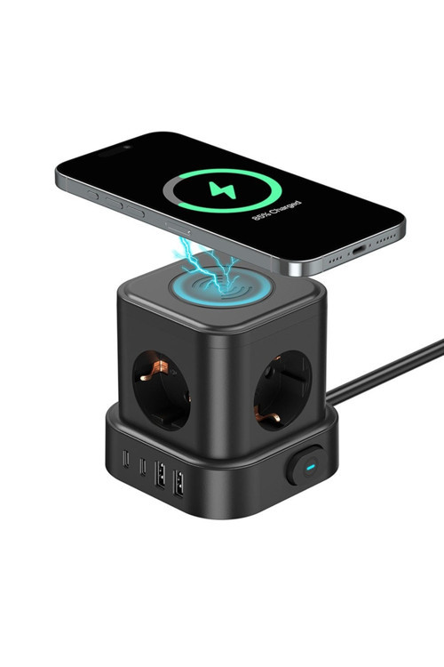 4'lü Priz Küp Çoklayıcı 2 USB 2 Type-C 5W Kablosuz Şarjlı 2 Metre Kablolu Akım Korumalı Priz