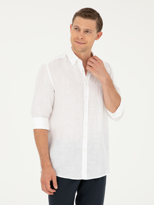 Beyaz Regular Fit %100 Keten Gömlek