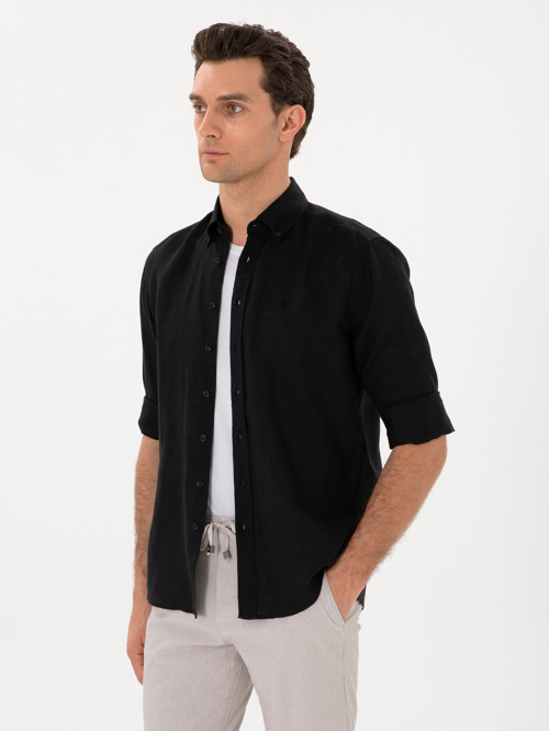Siyah Regular Fit %100 Keten Gömlek