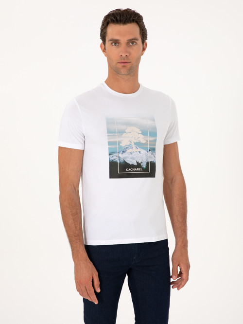 Beyaz Slim Fit Bisiklet Yaka Pamuk Karışımlı T-shirt