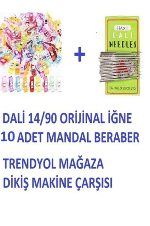 Dikiş Nakış Plastik Klips Tutucu Mandal (Renkli 10 Adet)- Dali Ev Tipi Makine Iğnesi 14/90 10 Adet
