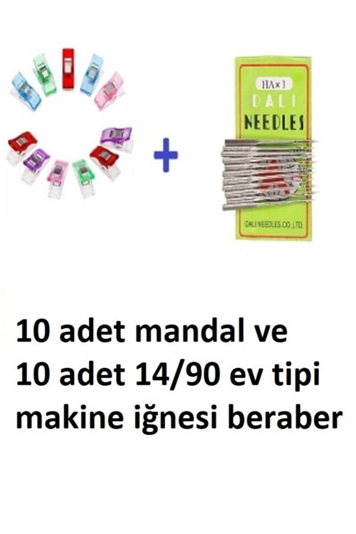 Dikiş Nakış Plastik Klips Tutucu Mandal (Renkli 10 Adet)- Dali Ev Tipi Makine Iğnesi 14/90 10 Adet