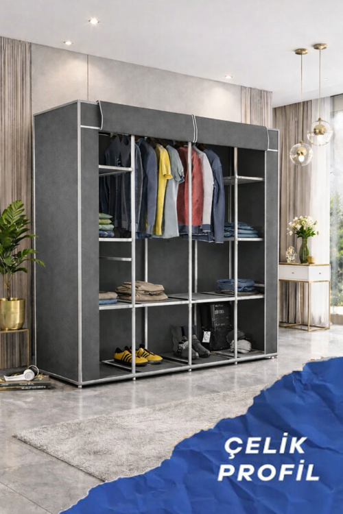 Teknor Metal Çift Askılı Bez Dolap Gri 155x160x45 cm – Geniş Hacimli Portatif Gardırop, Raflı Kumaş Dolap, Fermuarlı Elbise Düzenleyici