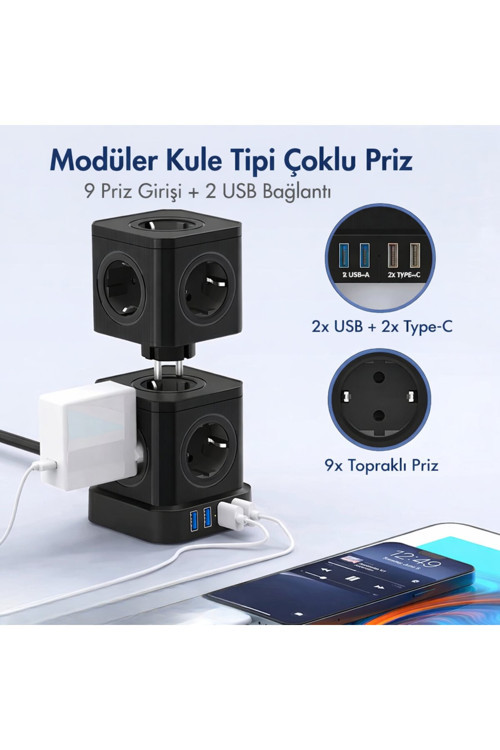 Kule Tipi Çoklu Priz 3680W | 9’Lu Topraklı Priz + 2 Usb + 2 Type-C