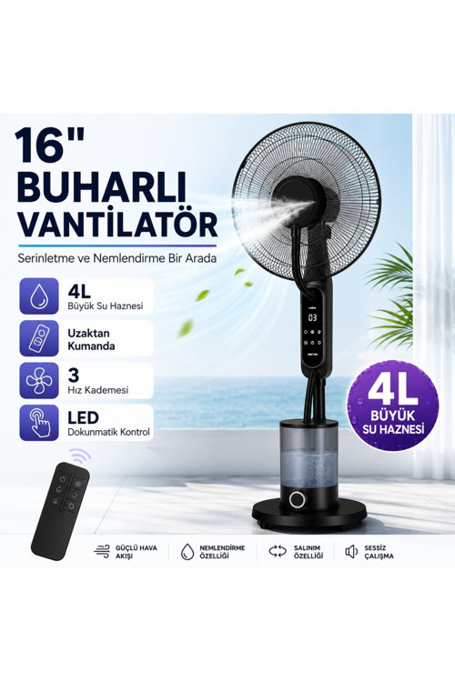 16 İnç Buharlı Vantilatör, 4L Su Hazneli Ayaklı Fan, Uzaktan Kumandalı, Led Ekranlı, 3 Hız Kademeli, 3 Modlu, Nemlendirici Özellikli, Salınımlı Sessiz Vantilatör