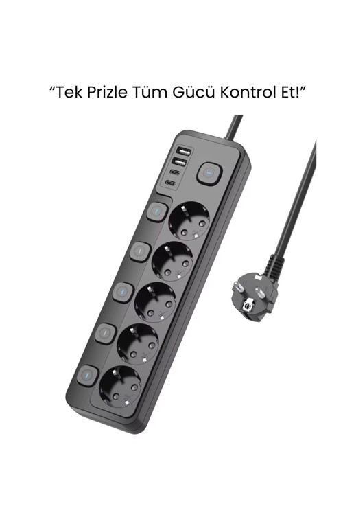 5 Priz + 4 Usb (2 Type-C) Akım Korumalı Anahtarlı Uzatma Kablosu – 2 Metre