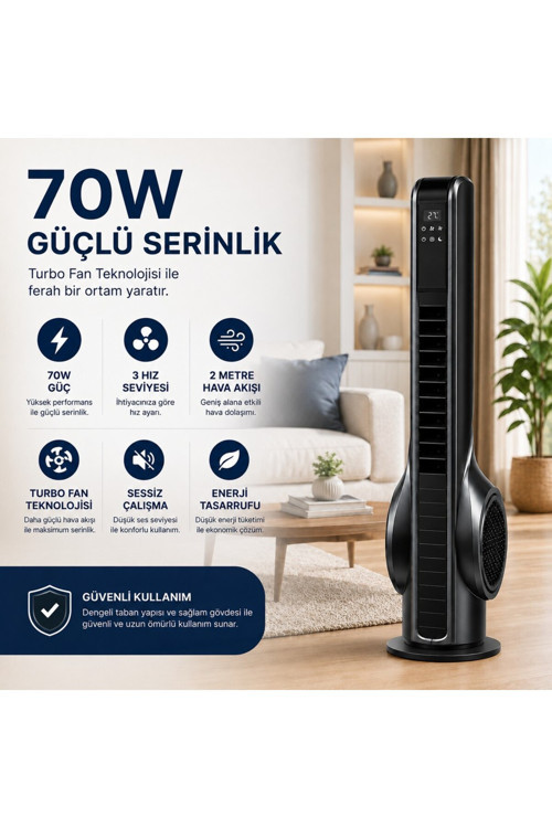 Turbo Akıllı Fan 70W Uzaktan Kumandalı Kule Vantilatör, Aromaterapi Özellikli, Dokunmatik Led Ekranlı, 3 Hız Kademeli, 3 Modlu, 12 Saat Zamanlayıcılı, Sessiz Çalışma, Salınımlı Fan