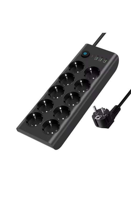 Akım Korumalı 10'Lu Priz 3 Usb-A + 1 Usb-C Girişli 2M Kablo 3680W Anahtarlı