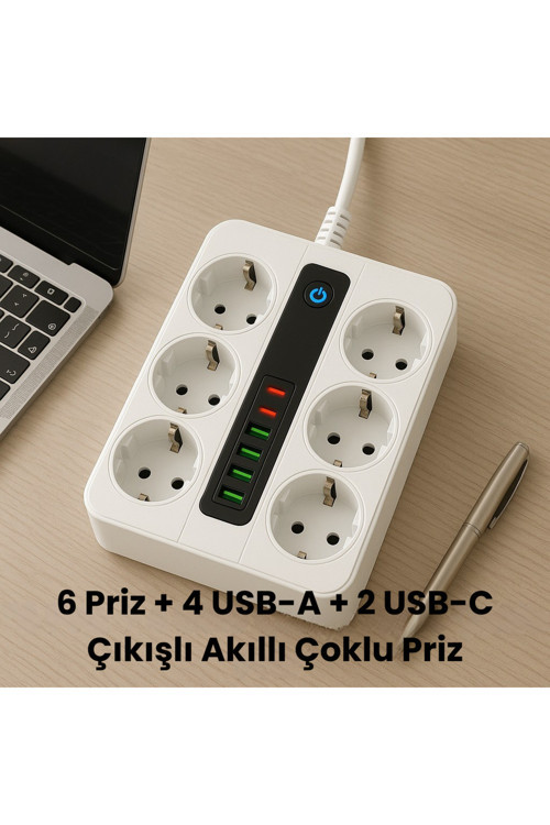 6 Prizli Akıllı Uzatma Kablosu – 4 Usb-A + 2 Type-C Hızlı Şarj Çıkışlı Akım Korumalı , 2 Metre Kablo