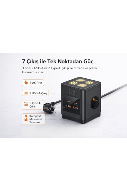 3680W 3’Lü Çoklu Priz 2 Usb 2 Type-C Gece Işıklı Masaüstü Küp Priz Şarj İstasyonu