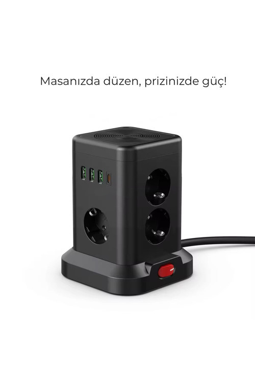 3 Usb-A + 1 Type-C Çıkışlı Kule Tipi Akım Korumalı Çoklu Priz – Tek Tuş Kontrol, Kompakt Masaüstü