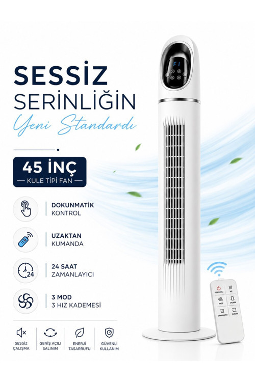 Kule Tipi Vantilatör 45 İnç, Uzaktan Kumandalı, 3 Hız Kademeli, 3 Modlu (Normal/Doğal/Uyku), Salınımlı, Dokunmatik Kontrollü, 24 Saat Zamanlayıcılı