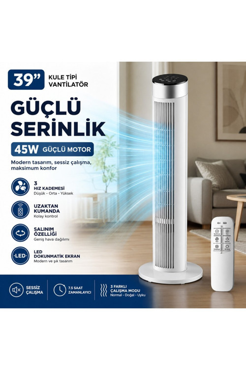 39 İnç Kule Tipi Vantilatör, Uzaktan Kumandalı, 45W Güçlü Motor, 3 Hız Kademesi, 3 Modlu, Led Dokunmatik Ekran, Salınımlı, Sessiz Çalışma, 7.5 Saat Zamanlayıcı, Beyaz