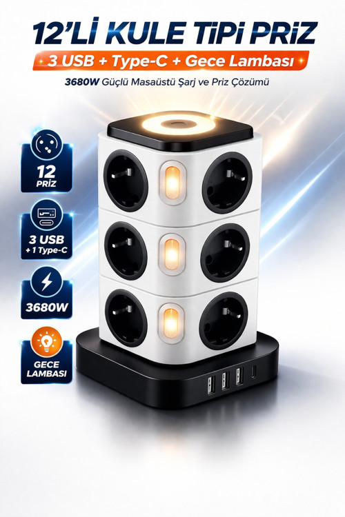 12’Li Kule Tipi Çoklu Priz 3 Usb 1 Type-C Gece Lambalı 3680W Bağımsız Anahtarlı