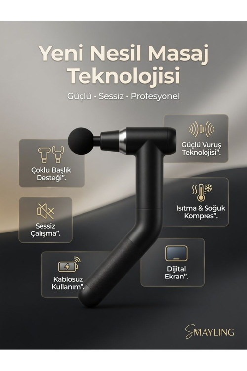 Saplı Isıtmalı Ve Soğuk Başlıklı Şarjlı Masaj Tabancası – 6 Kademeli, Dijital Ekranlı, Type-C Şarj