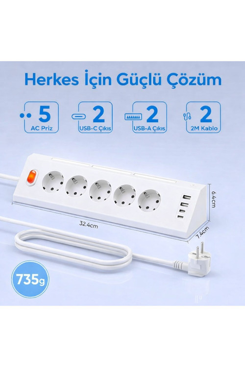 5’Li Akım Korumalı Köşe Çoklu Priz 2 Usb-A 2 Usb-C Gece Işıklı Dokunmatik 2 Metre Kablolu 3680W
