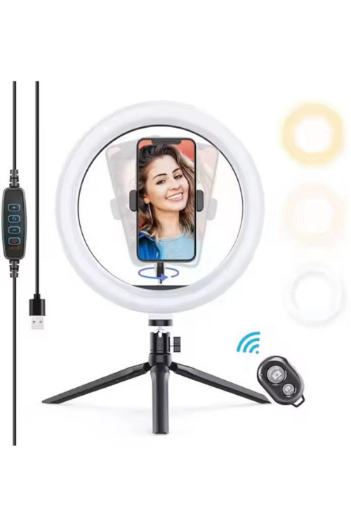 Bluetooth Kumandalı 10 İnç Led Tripodlu Makyaj Ve Video Işığı Telefon Tutucu + Uzaktan Kumanda Işığı