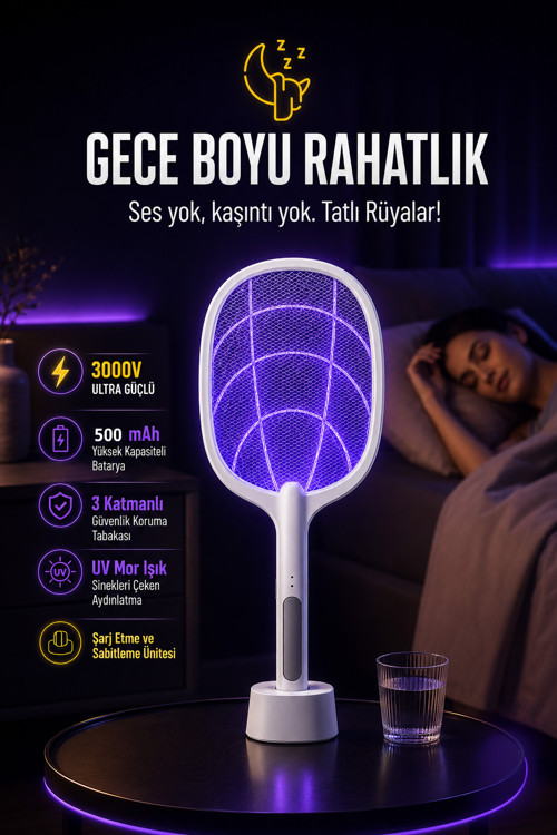7/24 Şarjlı Elektrikli Sinek Raketi Standlı Sivrisinek Haşere Öldürücü Sineklik Haşere Aleti Z103