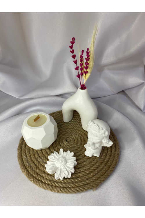 Dekoratif Biblo ve Mum 5'li Set (Beyaz)