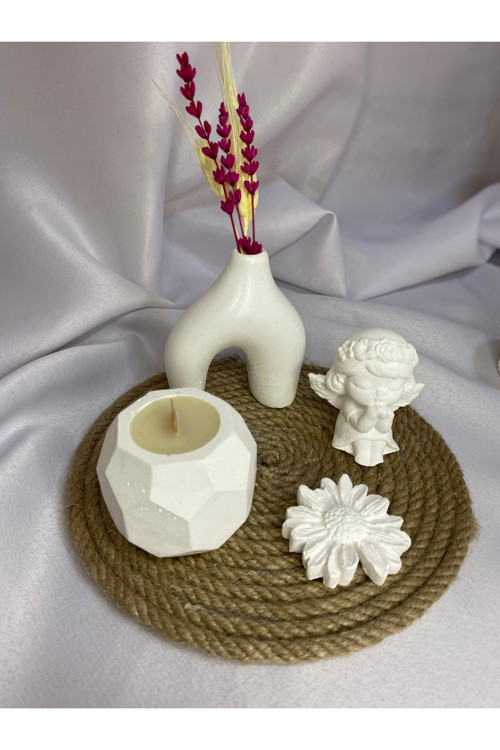 Dekoratif Biblo ve Mum 5'li Set (Beyaz)