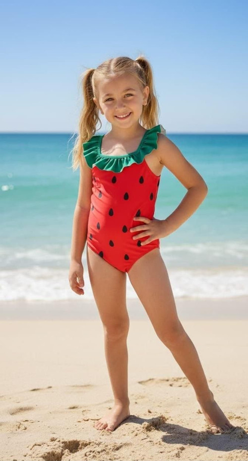Cg Kids Karpuz Desenli Fırfırlı Arka Çapraz Kız Çocuk Deniz / Plaj Mayosu