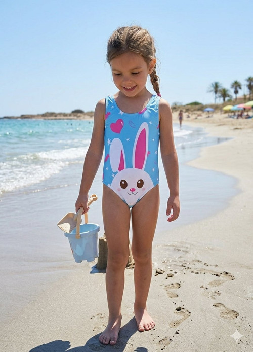 Cg Kids Tavşan Figürlü Esnek ve Hızlı Kuruyan Kız Çocuk Plaj / Havuz Mayo su