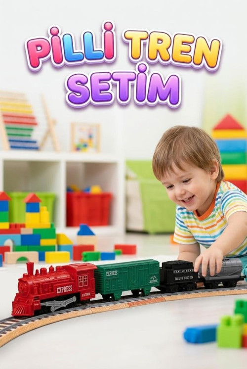 12 Parça Pilli Tren Seti – Işıklı ve Duman Çıkaran Modüler Ray Sistemli Kırmızı Tren Yeşil Vagon