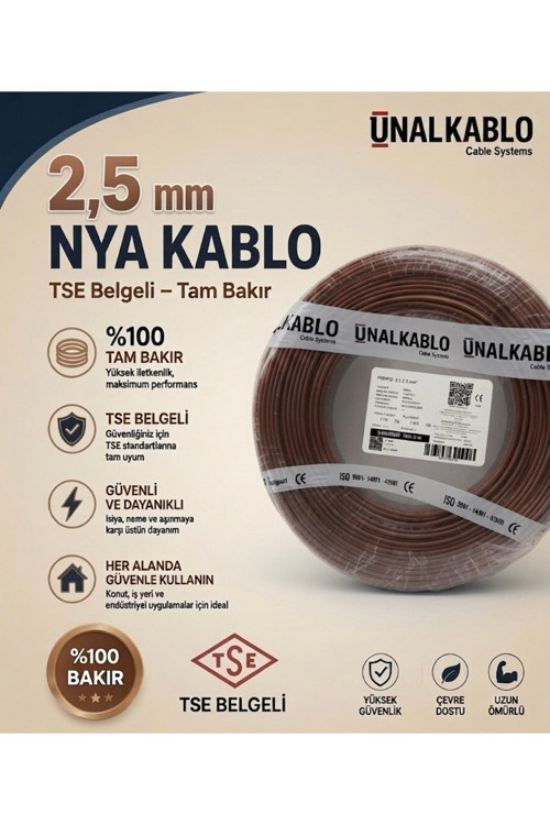 2.5 mm Nya Kablo ( H07v-U ) Kahve (100 Metre) Tam Bakır Tse Belgeli