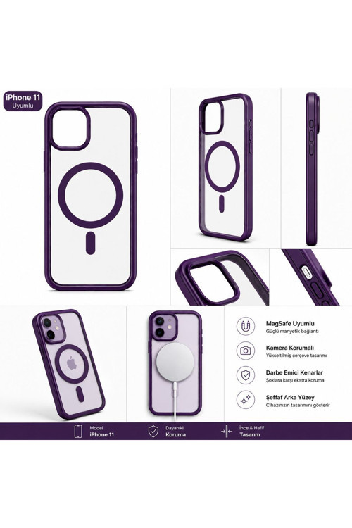 iPhone 11 UYUMLU KENARLARI MOR RENKLİ MAGSAFELİ KILIF