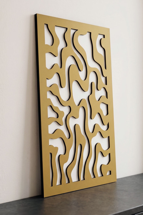 Elux Gold - Modern Amorf Çizgisel 3 Katmanlı Ahşap Duvar Tablosu 40x68 cm