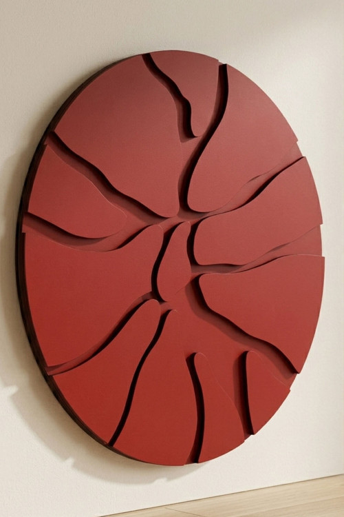 Core Red - Minimalist Soyut Dairesel 3 Katmanlı Ahşap Duvar Tablosu 50x50 cm