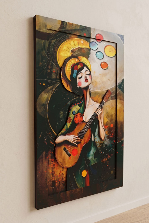 Melos - Gitarlı Kadın Figürlü 3 Katmanlı Sanatsal Ahşap Duvar Tablosu 40x68 cm