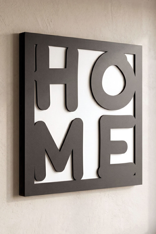 Home - Minimalist Tipografik Yazı Figürlü 3 Katmanlı Ahşap Duvar Tablosu 50x50 cm