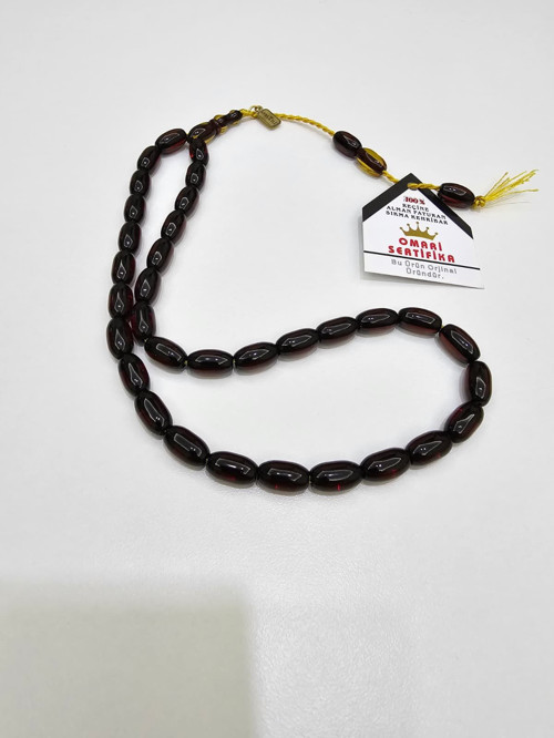 Omari İmzalı Sertifikalı Alman Faturan Sıkma Kehribar Tesbih 12,8x7,3 mm Arpa Kesim