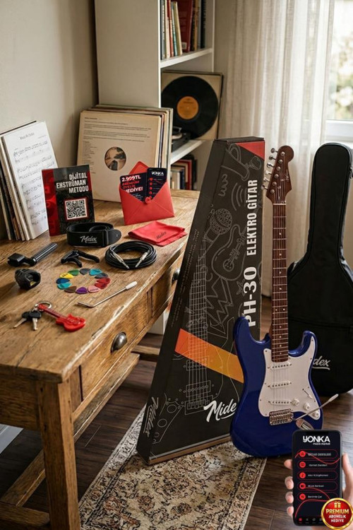 RPH-30WBL Mavi Beyaz Gül Klavye Strat Kasa SSS Elektro Gitar Seti