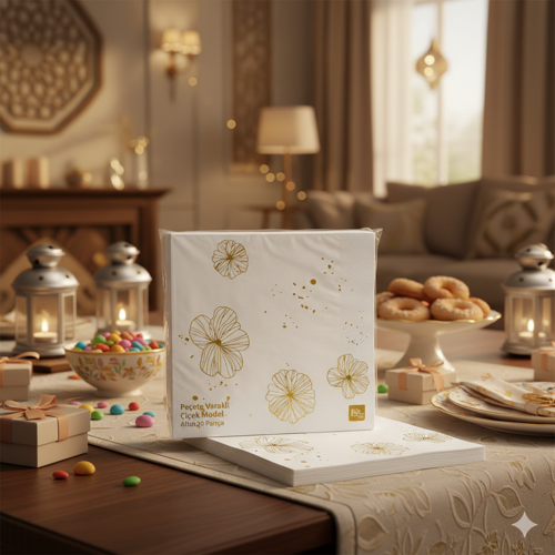 Ramazan Varaklı Çiçek Model Altın Peçete 20 Parça - Ramazan Sofra Peçetesi
