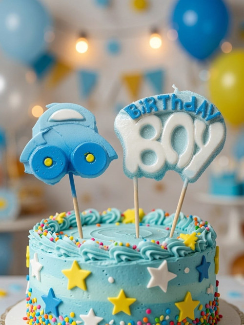 Mum Mavi Birthday Boy Arabalı Doğum Günü Pasta Mumu Çocuk Parti ve Kutlama Süsü