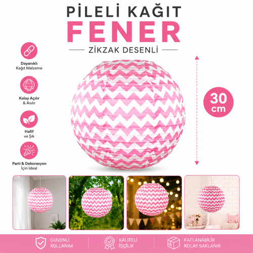Pembe Zigzag Desenli Japon Feneri Kağıt Fener 30 cm Doğum Günü Kına Nişan Parti Süsü