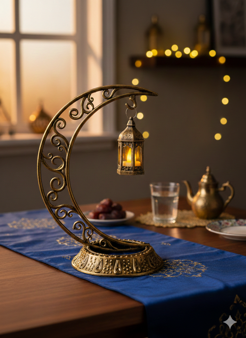 28 cm Ramazan Dekoratif Masa Üstü LED Lamba Seti - Eskitme Gold Hilal - Kancalı