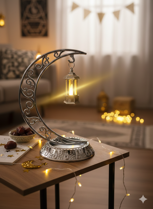 Dekoratif 28 cm Hilal Parlak Gümüş Ramazan Led Lamba 10 cm Kancalı Set