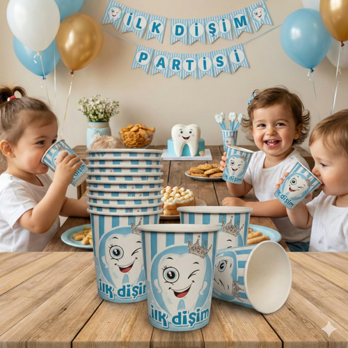 8 Oz - Bardak Karton 8 adet Mavi İlk Dişim Partisi Diş Buğdayı Erkek Çocuk Parti Seti