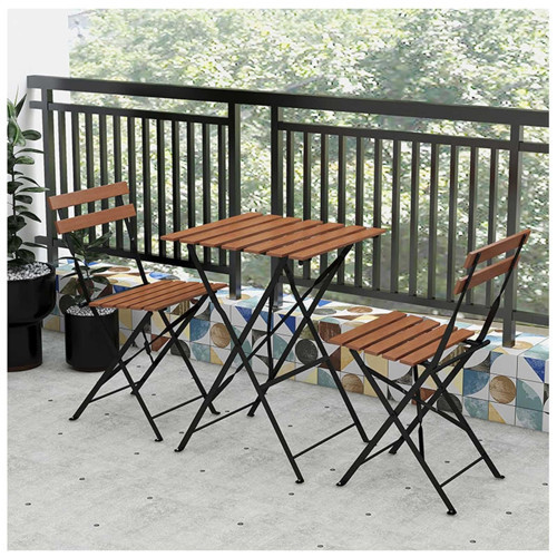 Katlanır Metal Ayaklı Ahşap Masa Sandalye Bistro Üçlü Set 60x60x75 Balkon Masası Sandalye