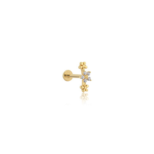Sıralı Çiçek Figürlü Taşlı Altın Tragus Piercing