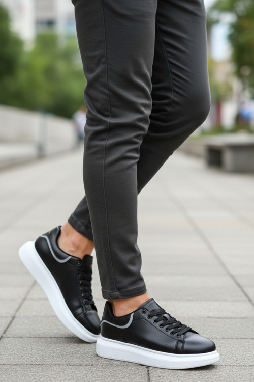 Erkek Siyah Günlük Ortopedik Rahat Bağcıklı Sneaker Ayakkabı
