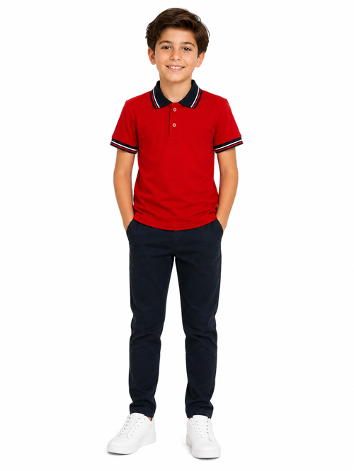 Çocuk Pamuklu Yumuşak Dokulu Lacivert Polo Yaka Kırmızı Okul Tshirt