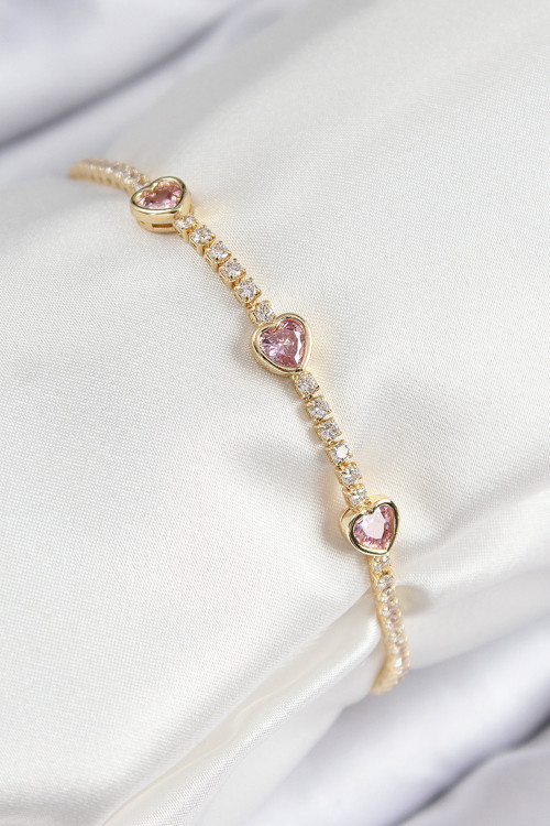 Pirinç Zirkon Taşlı Pembe Model Gold Renk Kadın Bileklik
