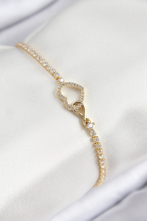 Pirinç Zirkon Taşlı Sonsuzluk Model Gold Renk Kadın Bileklik