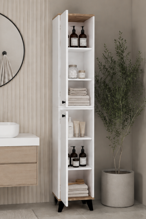 Doruk Banyo Dolabı Çok Amaçlı Kapaklı Erzak ve Havlu Dolabı Pratik Depolama Ünitesi